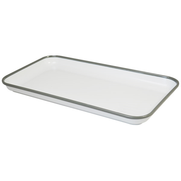 MELAMINE TRAY- WHITE WITH GREY RIM- 18CM x 33CM